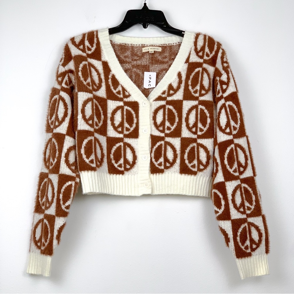 NEW peace sign cardigan by LA Hearts from Pacsun brown & cream very soft xs